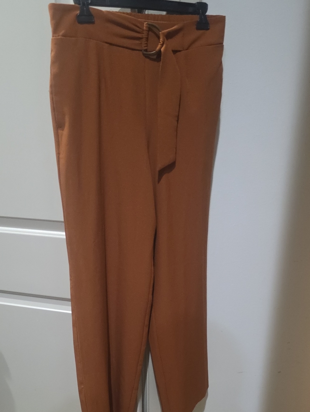 High-Waist Belted Polyester/spandex Pants in Caramel Brown - Women's